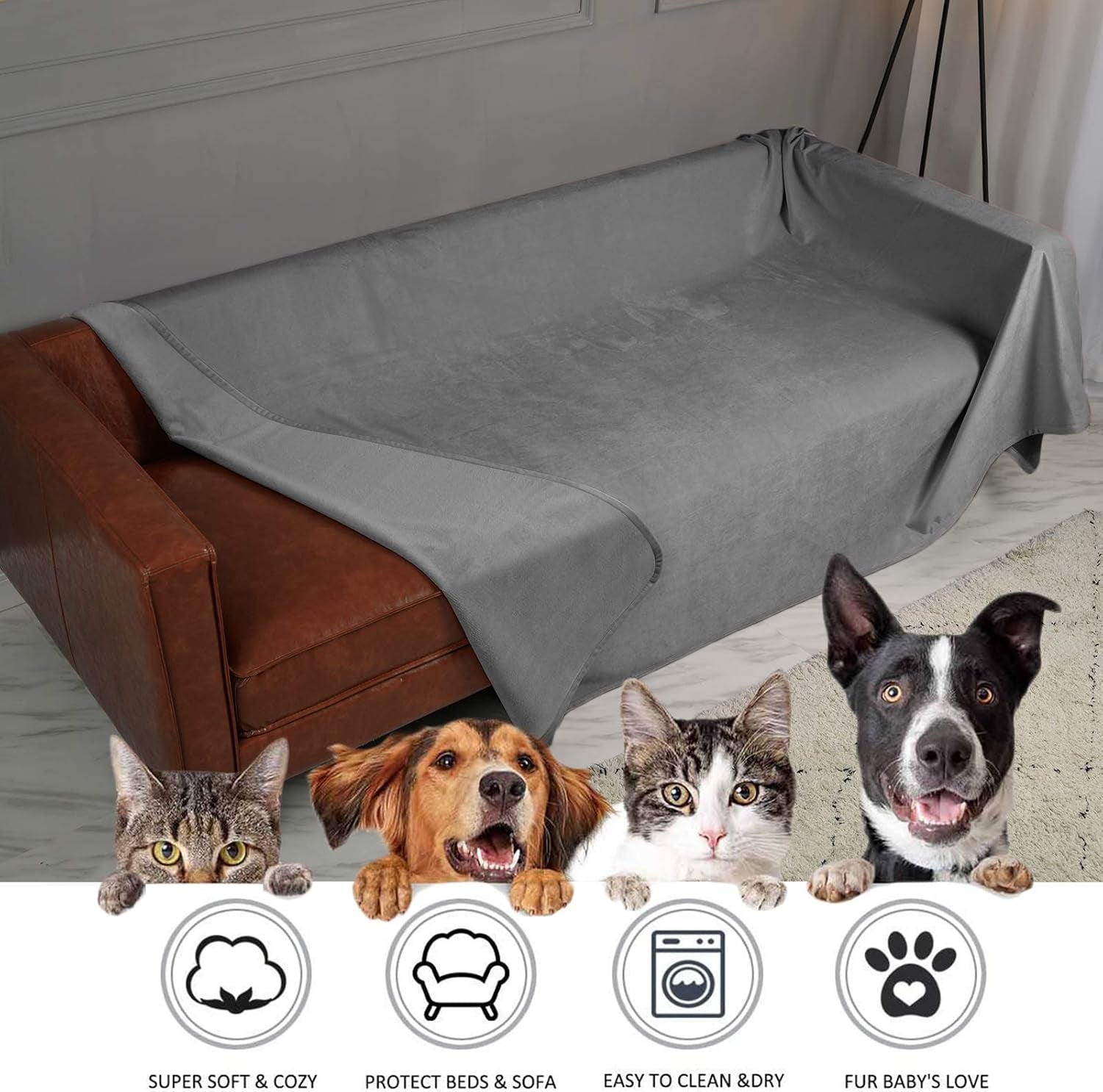 Pet Bed Blanket Reversible 100% Waterproof Velvet Super Soft for Sofa and Bed (40X60 Inches, Light Grey+Grey)